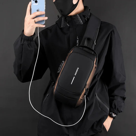 Men wearing black men's code lock crossbody bag by Clarify.pk while taking a selfie with phone