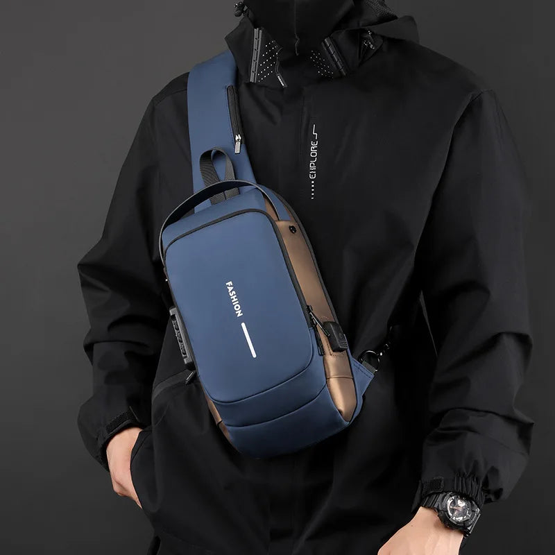 Men wearing men's code lock crossbody bag in blue and brown with secure zipper and adjustable strap