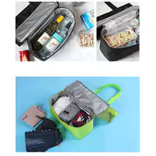 Clarify pk mesh beach bag with pockets shown open with snacks and essentials inside