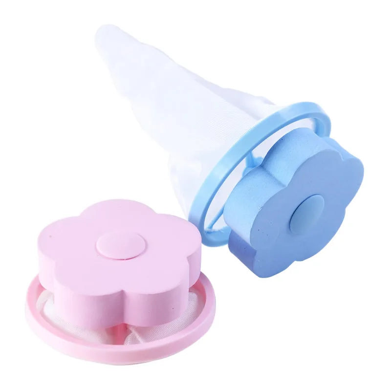 Pink and blue mesh filter laundry bag for washing machine with flower-shaped caps for laundry use