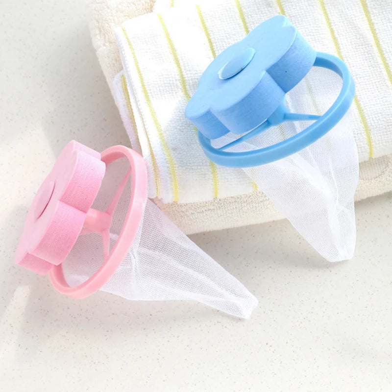 Pink and blue mesh filter laundry bag for washing machine with flower-shaped plastic tops