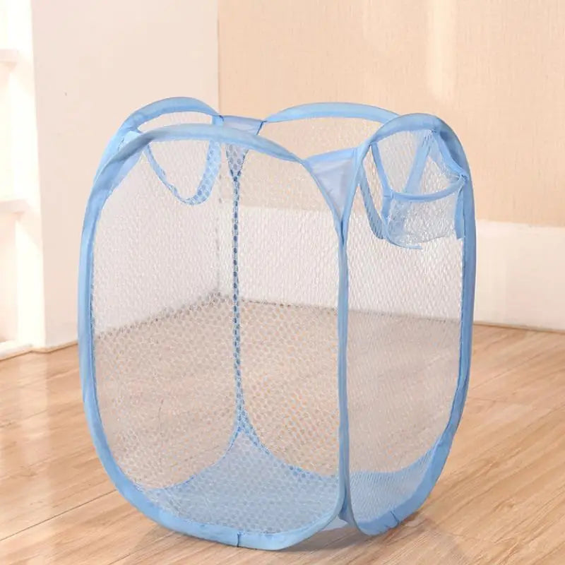Blue mesh foldable laundry basket with sturdy frame for easy storage and ventilation