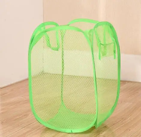 Green mesh foldable laundry basket with handles for easy carrying by Clarify.pk