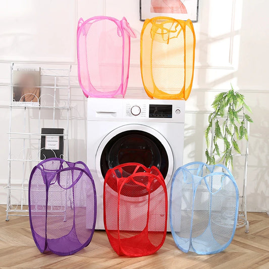 Clarify pk mesh foldable laundry basket in pink orange purple red and blue colors around washing machine
