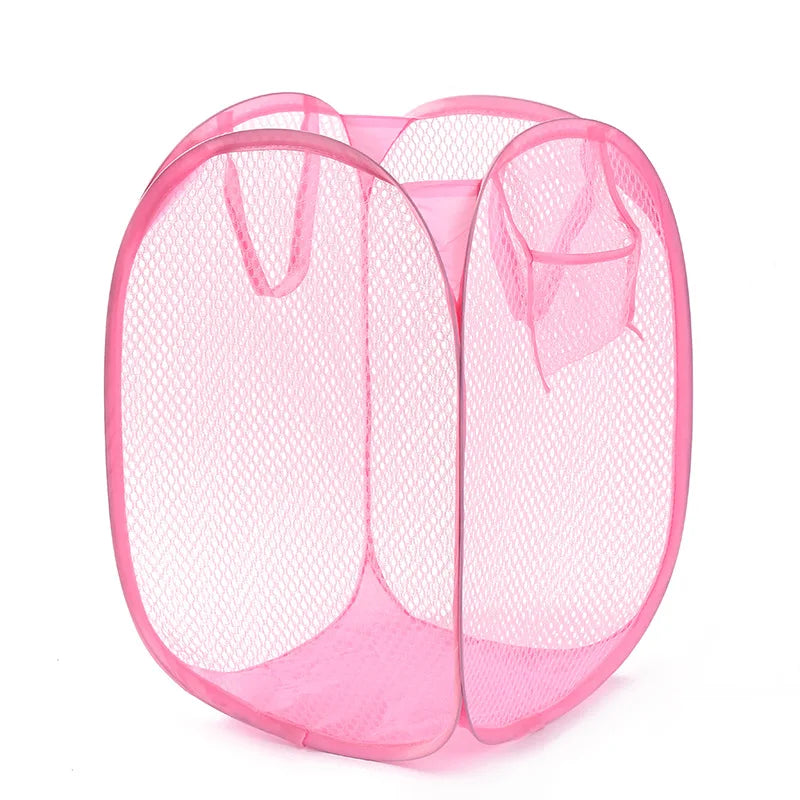 Clarify.pk pink mesh foldable laundry basket with multiple compartments for easy sorting