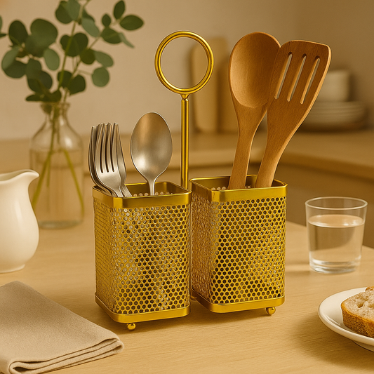Gold metal cutlery holder for kitchen with fork, spoon, and wooden utensils on wooden table