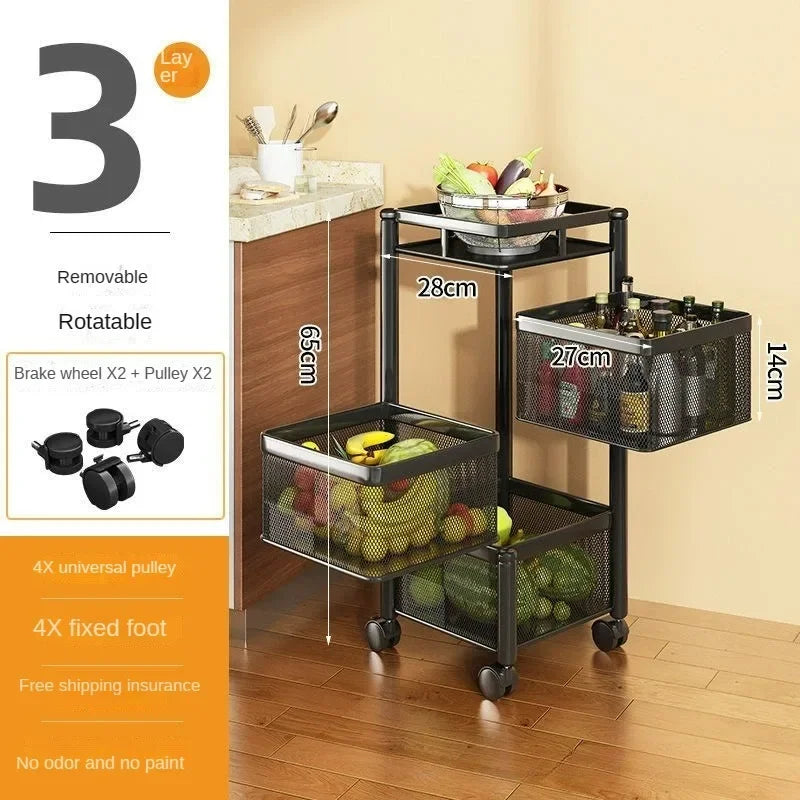 Clarify.pk metal kitchen storage basket with three removable layers and wheels for easy mobility