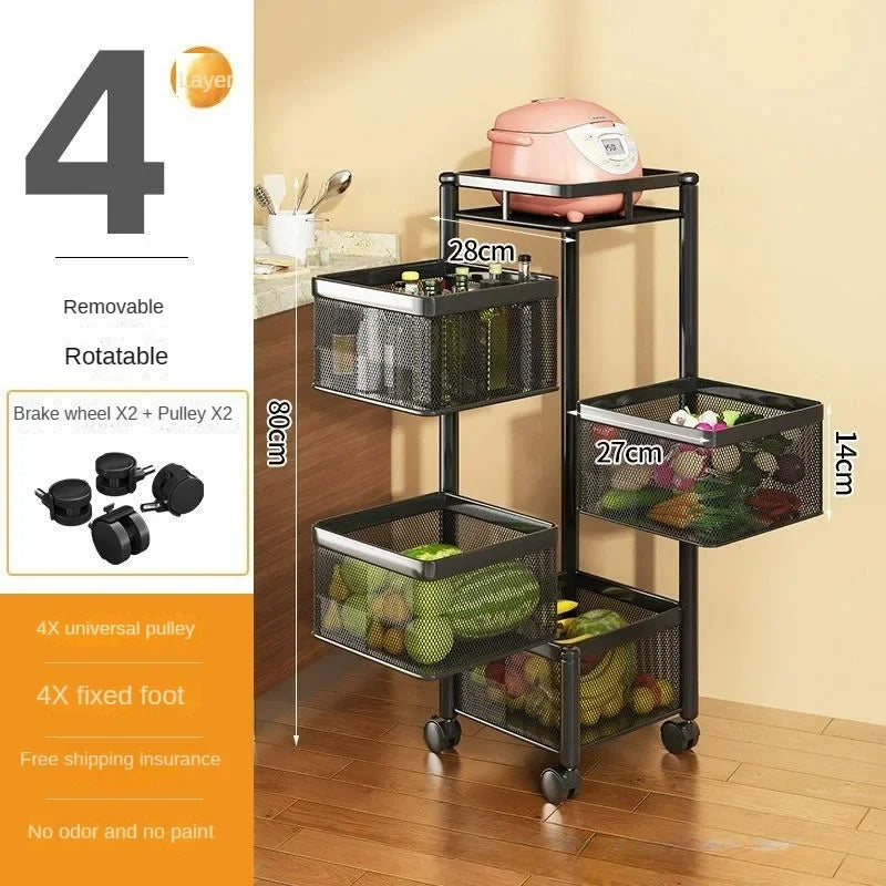Metal kitchen storage basket with four removable and rotatable wire mesh compartments on wheels