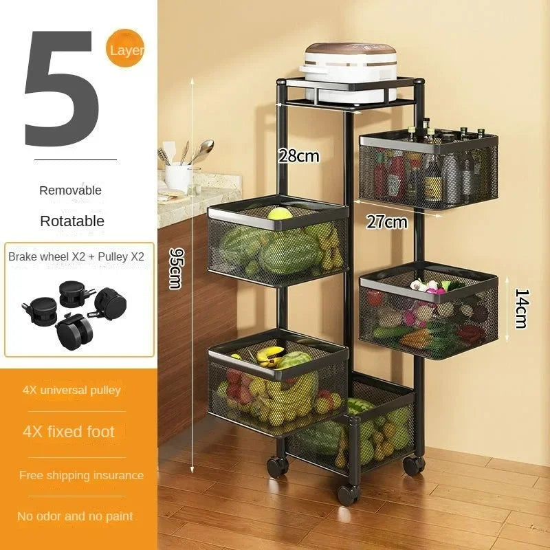Five layer metal kitchen storage basket with removable rotatable mesh baskets on wheels for organized pantry storage
