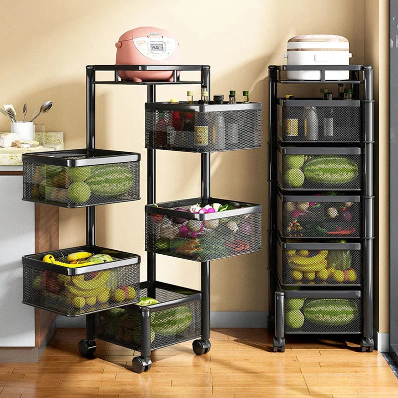 Clarify.pk black metal kitchen storage basket set with multiple mesh drawers filled with fresh fruits and vegetables