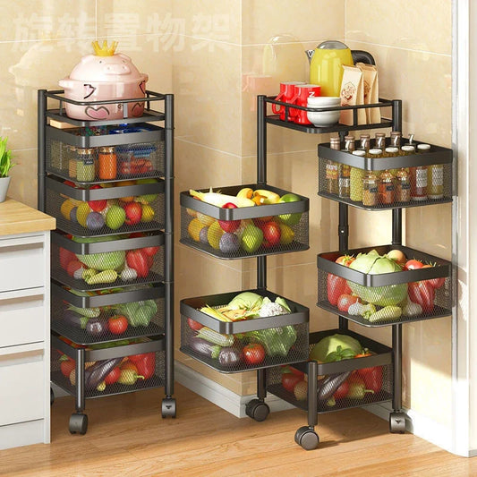 Black metal kitchen storage basket sets with wheels holding fruits, vegetables, and kitchen items in a corner