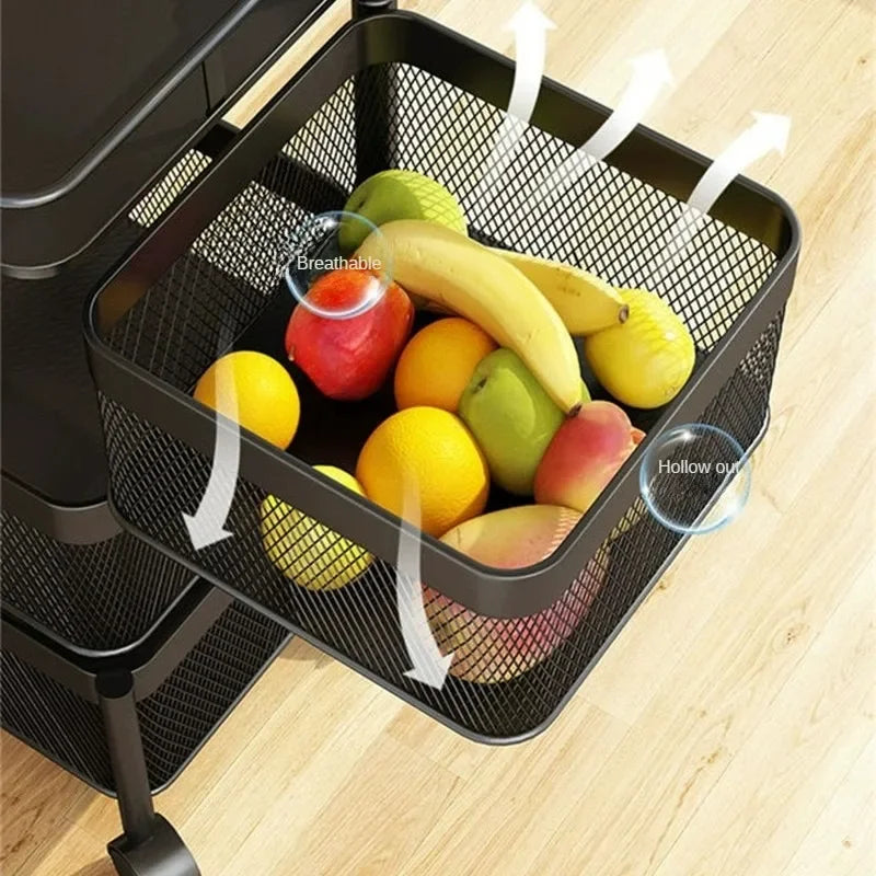 Clarify.pk black metal kitchen storage basket with breathable hollow out design holding fresh fruits