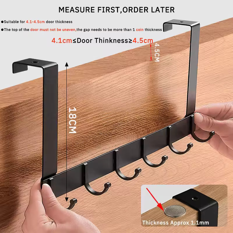 Black metal over the door hanger rack with six hooks and measurements for door thickness