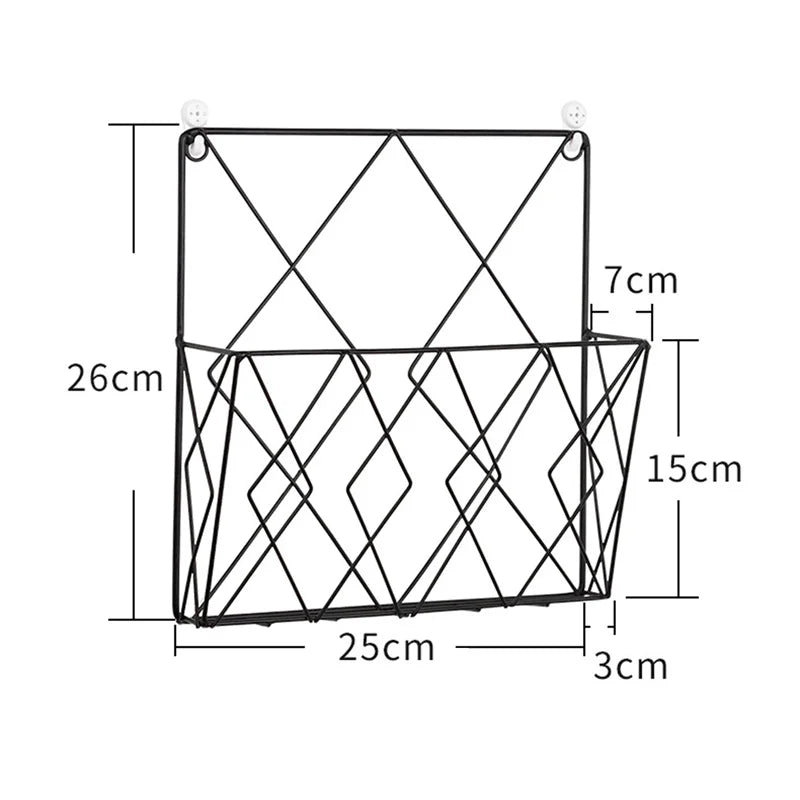 Clarify.pk black metal wall mounted rack with geometric wire design and dimensions shown