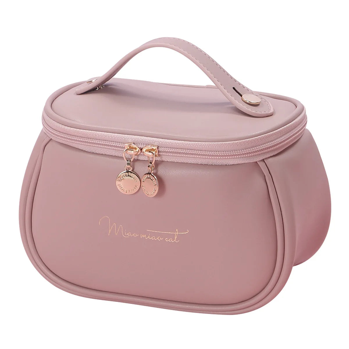 Pink portable makeup case with zipper featuring a top handle and gold zipper pulls by Clarify.pk