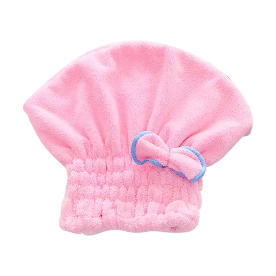 Clarify.pk pink microfiber hair drying towel cap with elastic band and decorative bow