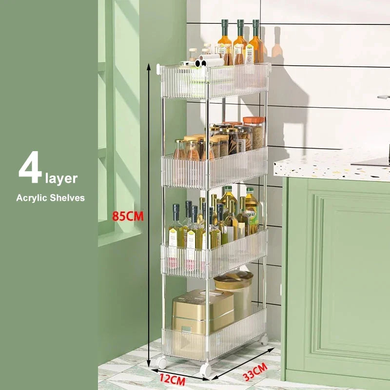 Clarify.pk luxury acrylic storage trolley with 4 layers and clear shelves for kitchen organization
