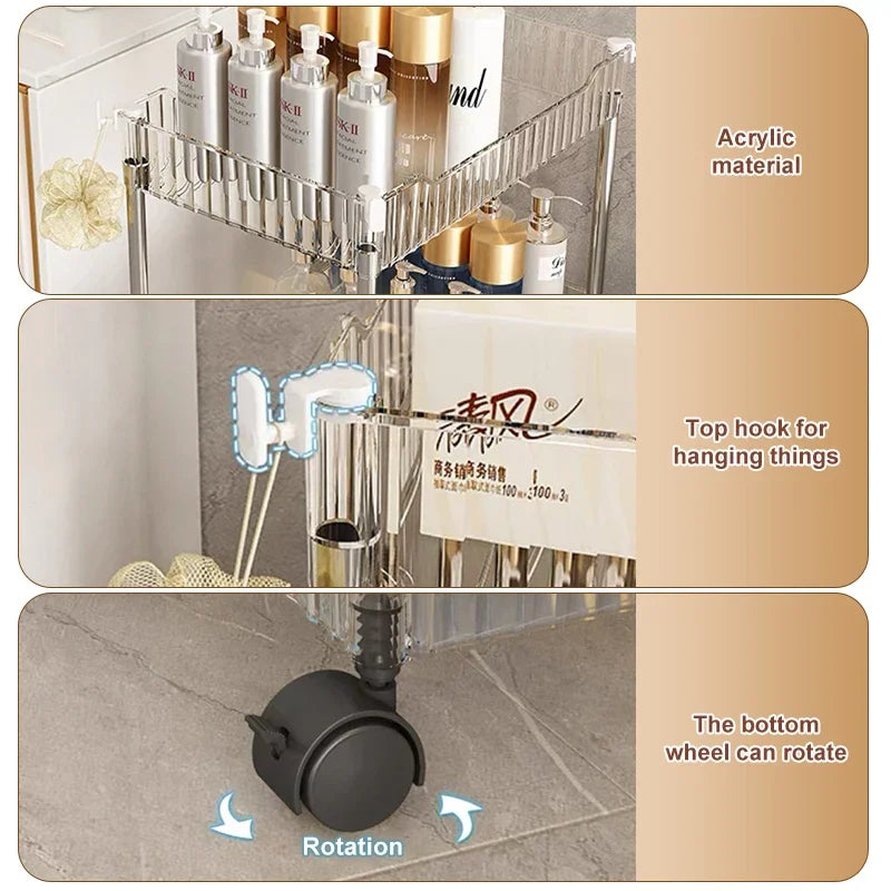 Luxury acrylic storage trolley with clear acrylic material top hook and rotating bottom wheels