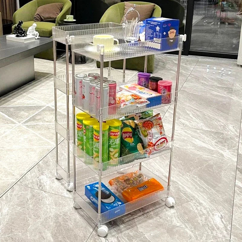 Luxury acrylic storage trolley with four transparent shelves holding snacks and drinks on wheels