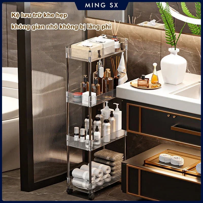 Luxury acrylic storage trolley with multiple shelves holding toiletries and towels in modern bathroom