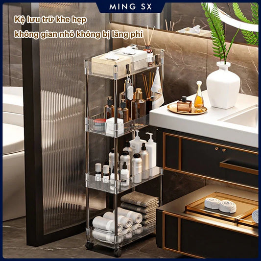 Luxury acrylic storage trolley with multiple shelves holding toiletries and towels in modern bathroom