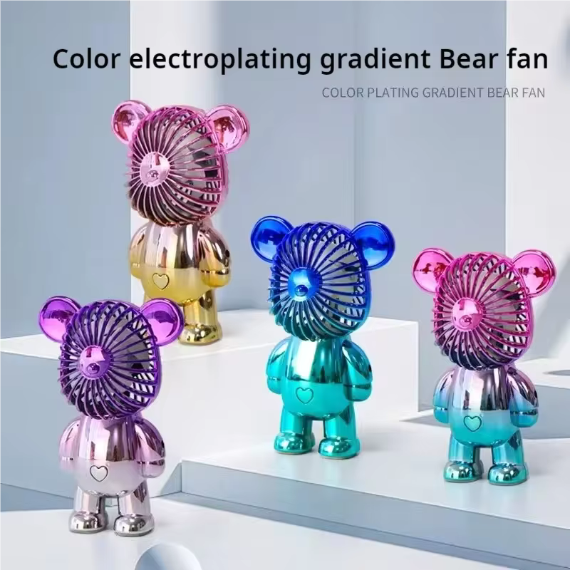 Color electroplating mini cartoon bear fan in pink, purple, gold, and blue with gradient finish