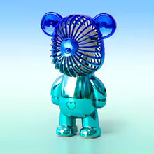 Mini cartoon bear fan in shiny blue color with handheld portable design for personal cooling