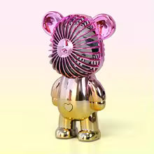 Mini cartoon bear fan in shiny pink and gold with heart detail from Clarify.pk