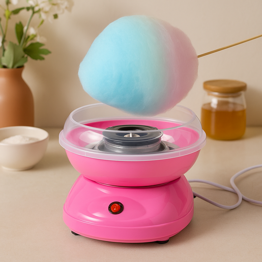 Pink mini cotton candy machine by Clarify.pk making blue and pink cotton candy cone