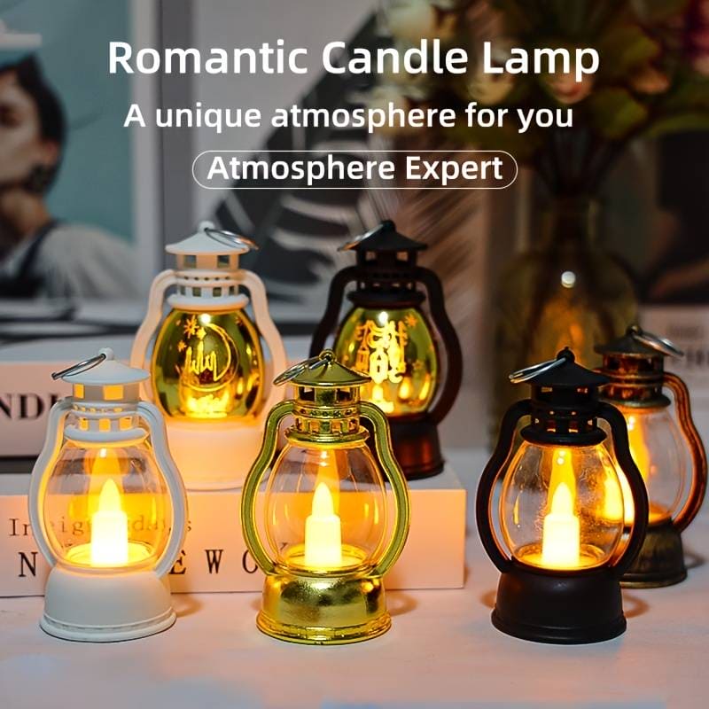Set of mini lantern lamp for home decor in white, black, and gold with warm glowing candle light