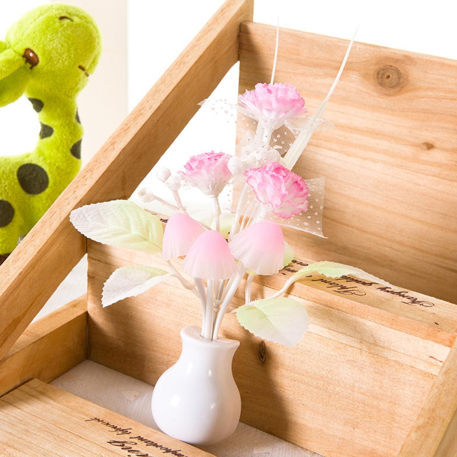 Mini LED night lamp with pink flower design in white vase placed inside wooden box by Clarify.pk