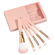 Mini makeup brush set with case featuring five pink brushes with gold ferrules and soft bristles