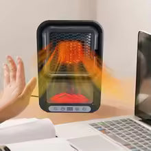 Clarify.pk mini portable room heater warming hands near laptop on desk