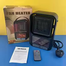 Clarify.pk mini portable room heater black fan heater with remote and user manual on blue surface