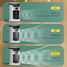 Mini USB air cooler for desk showing three-speed settings providing strong, medium, and low airflow