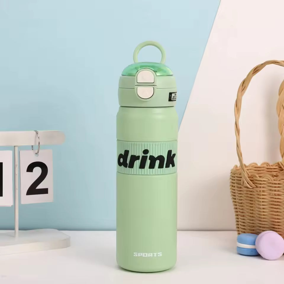 Green stainless steel sports water bottle with flip-top lid and drink label for outdoor use