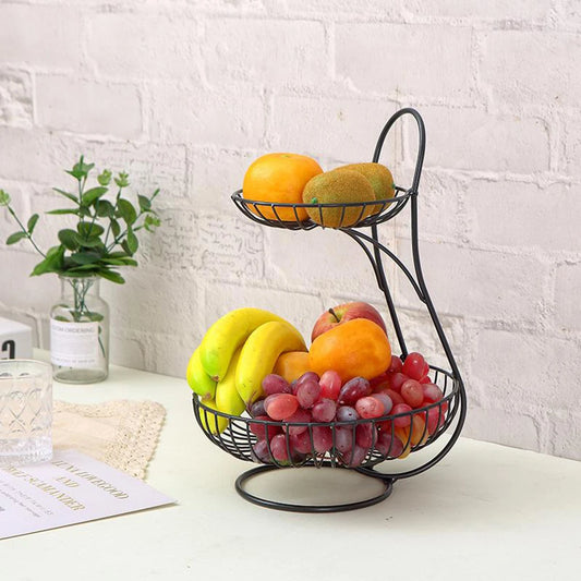 Clarify.pk modern fruit basket stand with two-tier black metal wire design holding assorted fresh fruits