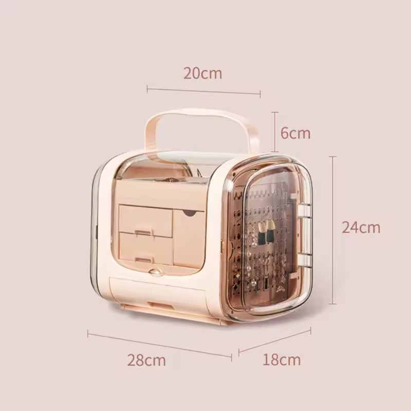 Modern jewelry storage box with drawers in transparent rose gold design with handle