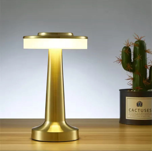 Clarify.pk gold LED touch table lamp with modern design on wooden surface next to a potted cactus