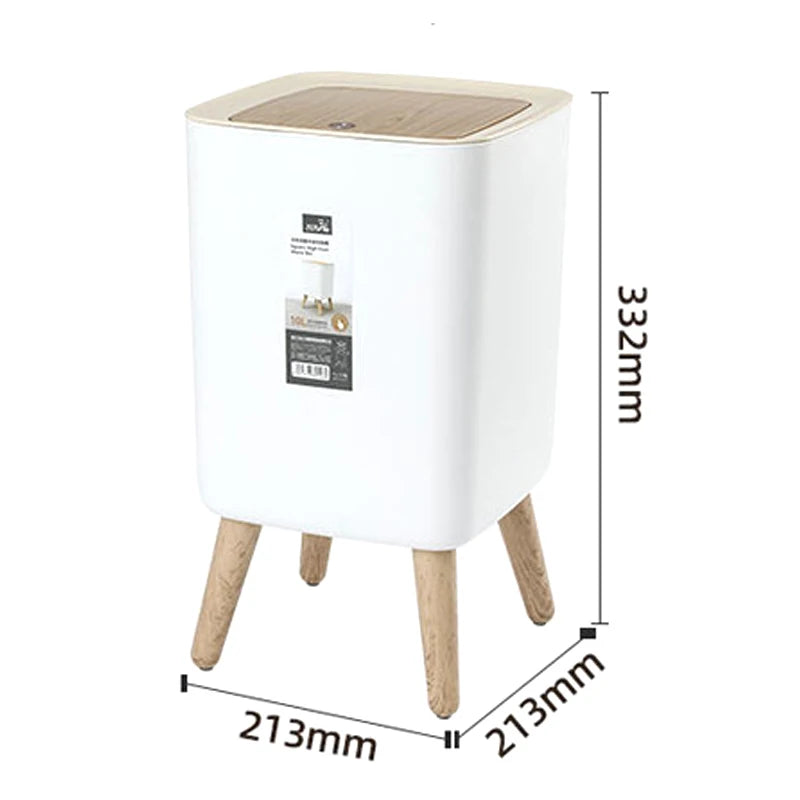 Clarify.pk modern square trash bin with wooden legs and compact design measuring 213 by 213 by 332 mm