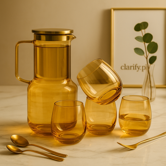 Clarify pk amber luxury glass jug set with pitcher and four matching stemless glasses on marble