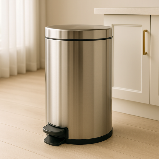 Clarify pk stainless steel pedal bin 30L in brushed finish with black pedal and lid in kitchen setting
