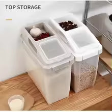Clarify.pk moisture proof rice storage container with top storage compartments for kitchen organization
