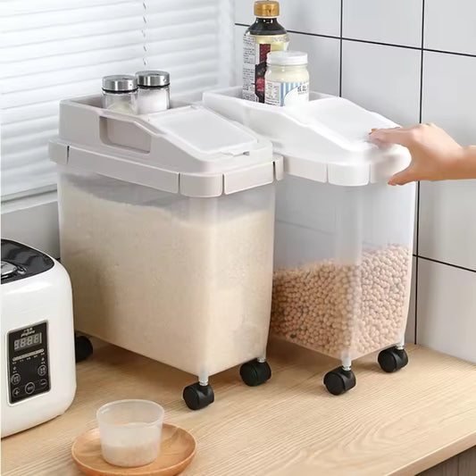Clarify.pk moisture proof rice storage container with wheels holding rice and beans on kitchen counter