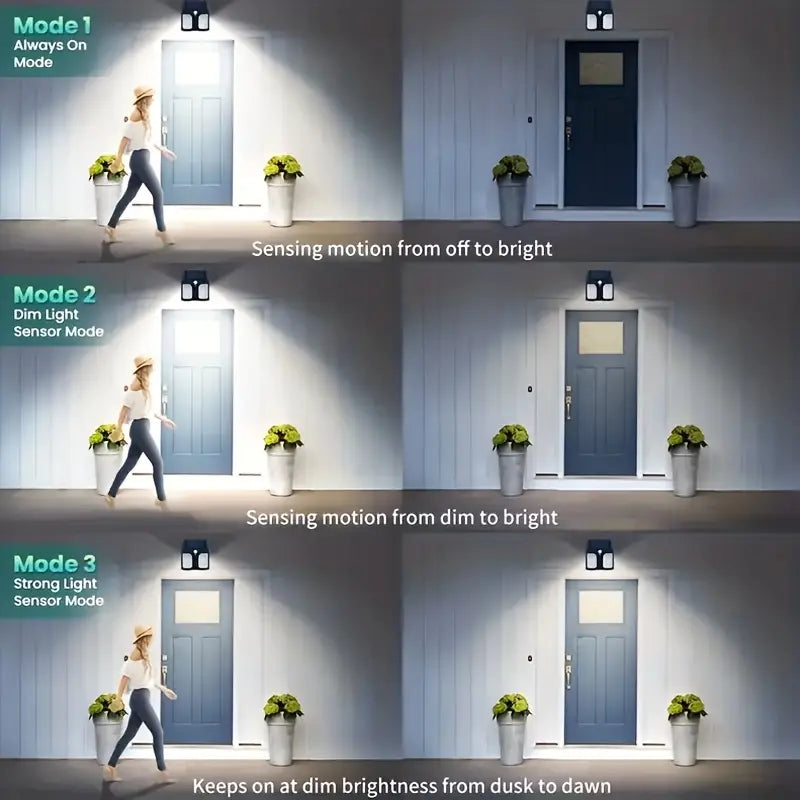 Double head solar wall lamp with motion sensor showing three lighting modes on outdoor wall near door