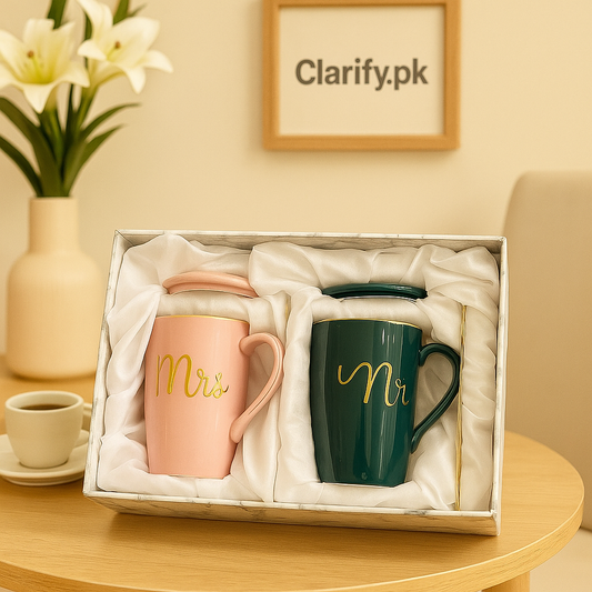 Mr and Mrs ceramic mugs set with pink Mrs mug and dark green Mr mug in gift box from Clarify.pk