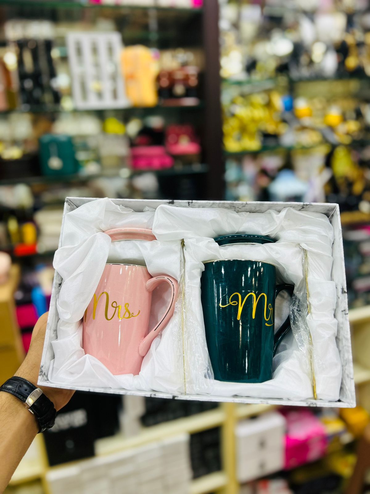 Set of Mr and Mrs ceramic mugs in a gift box with pink Mrs mug and dark green Mr mug