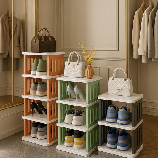 5 layer shoe storage organizer by Clarify.pk in orange green and black holding various shoes and handbags