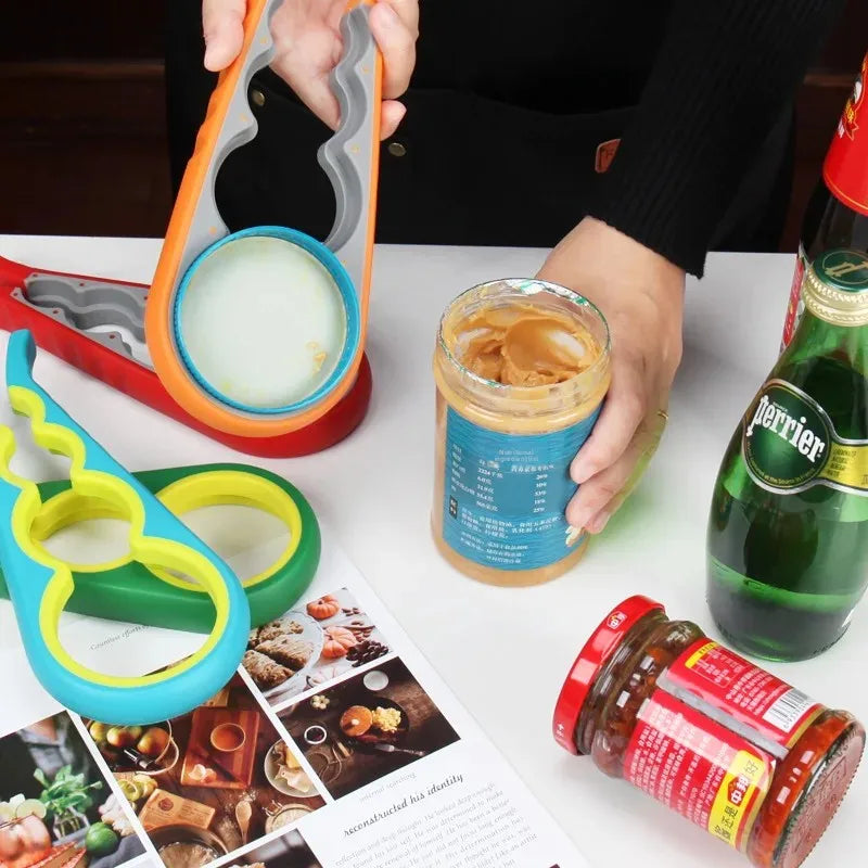 Clarify.pk multi-functional bottle opener in use opening jars and bottles with colorful designs