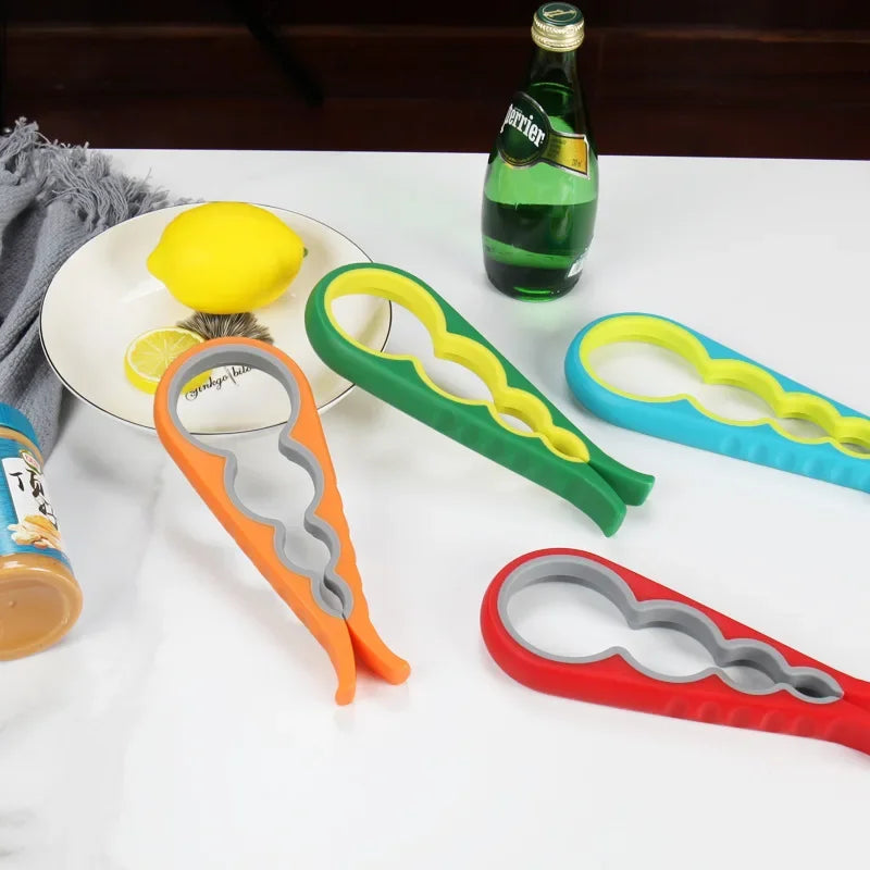 Colorful multi-functional bottle opener set displayed on table with lemon, glass bottle, and snacks